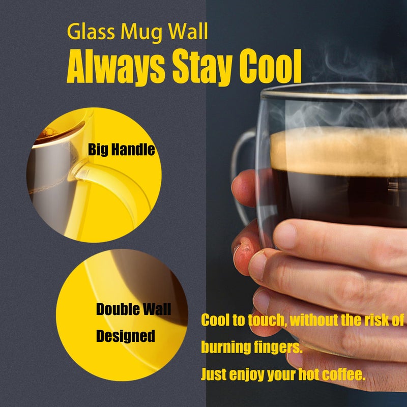 PunPun Coffee Cups Clear12.9OZ. 380ml Coffee Mugs, Espresso Cups,Double Wall Milk Cup with Big Handle,Perfect Mug for Hot Beverages, Latte, Cappuccinos Set of 2 - Image 2